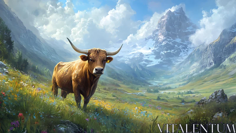 Longhorn cow stands in alpine meadow below snowy peak