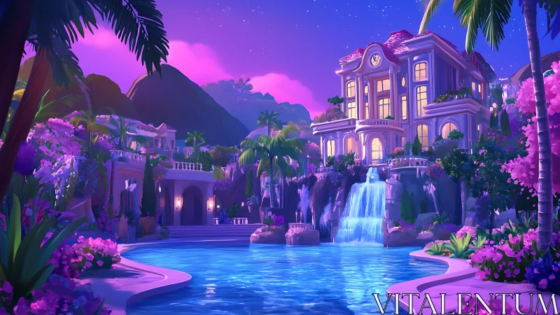 Neon dusk villa kingdom with waterfall dreams and starlit pool.