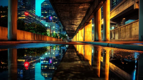 Neon underpass mirrors a glowing city in midnight rainlight.