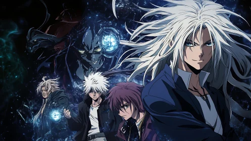 Dynamic anime ensemble with cosmic energy and spectral antagonist.