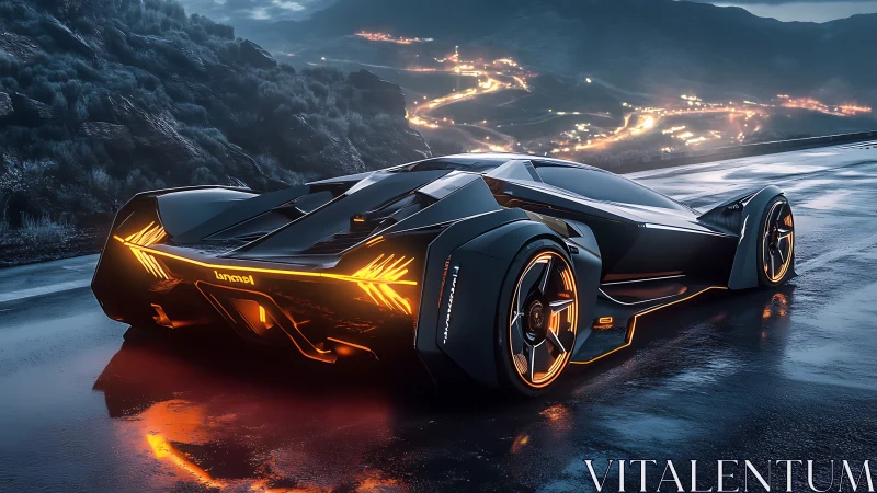 Futuristic hypercar glows on wet mountain highway at night