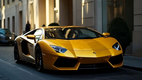 Low-angle view of yellow supercar with sharp specular highlights