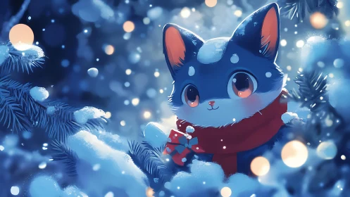 Snowy woodland kitty with cozy scarf and tiny gift box.