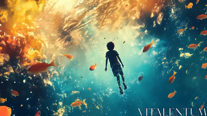 Digital painting of child drifting through luminous reefscape.