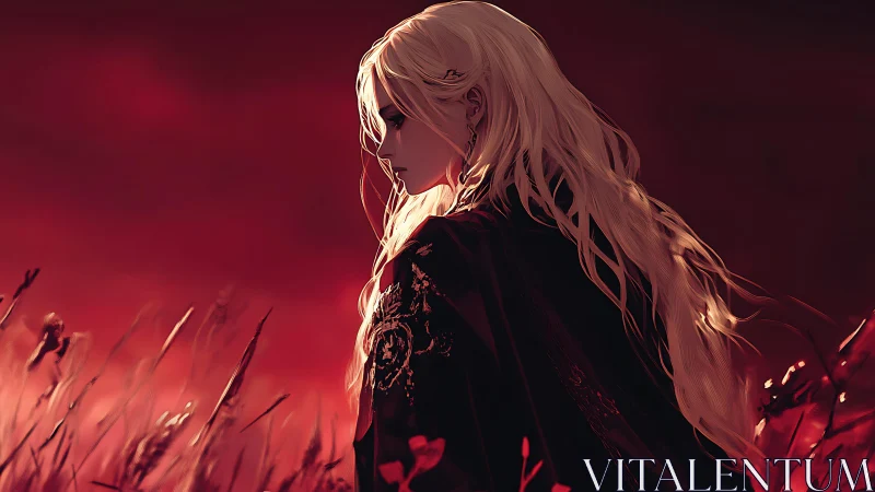 Somber blonde figure in red sunset field profile view.