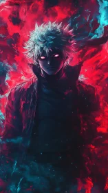 High-contrast anime figure emerges from bifurcated neon flames