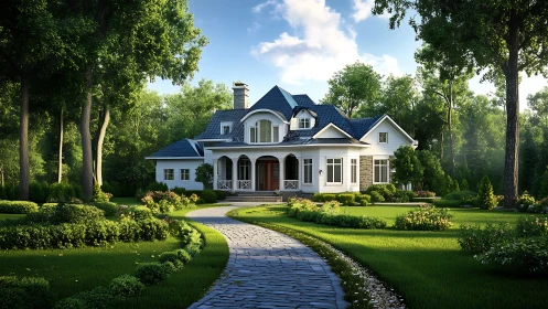 Country estate home anchors lush landscaped woodland garden.