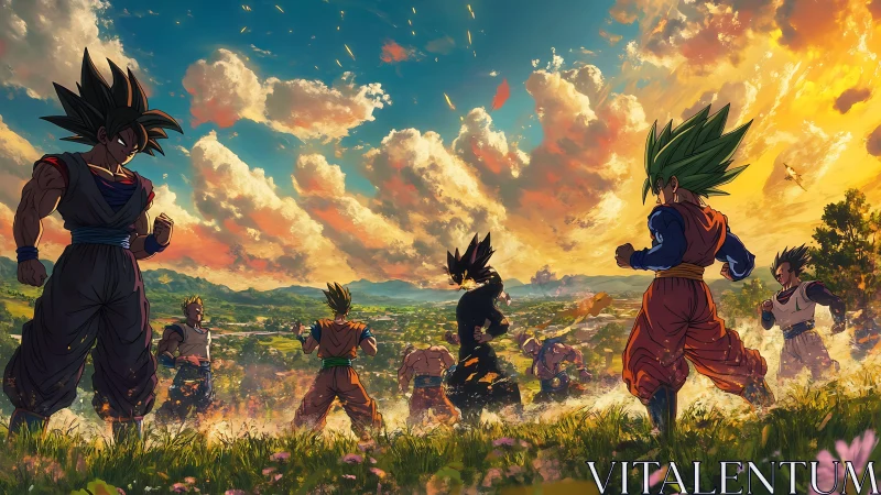 Saiyan warriors gather at sunset, charging power over valleys