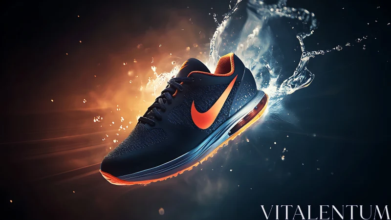Dynamic running shoe with orange accent in water splash.