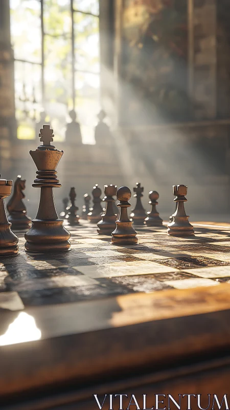 Backlit wooden chess set in shallow depth sunlit interior