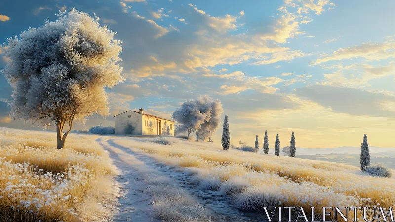 Golden hour farmhouse overlooks frosted Tuscan hillside path