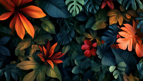 Digital tropical foliage with saturated orange and teal leaves