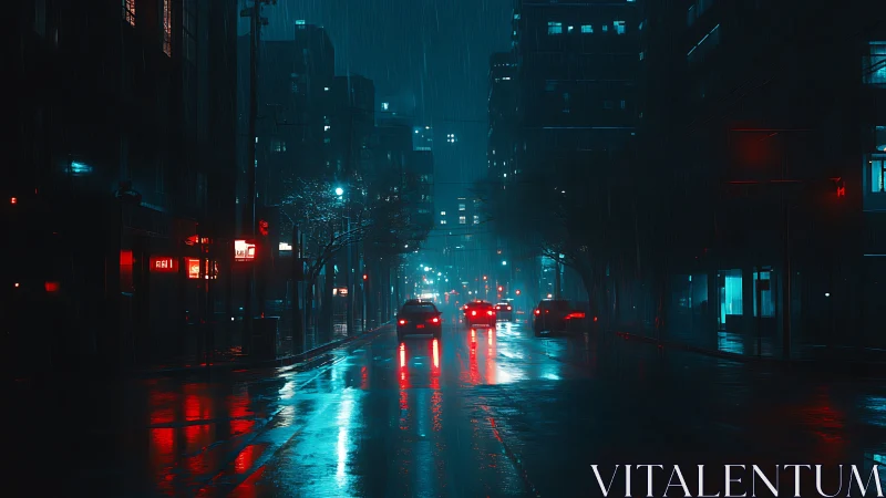Rainy urban street with cars and neon reflections at night.