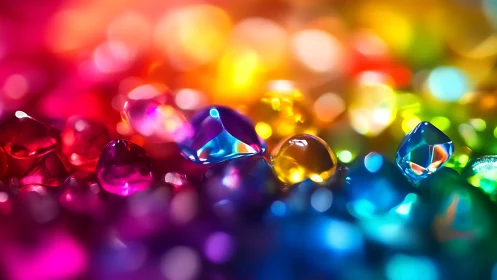 Colorful close up of glossy rainbow glass gems in light.