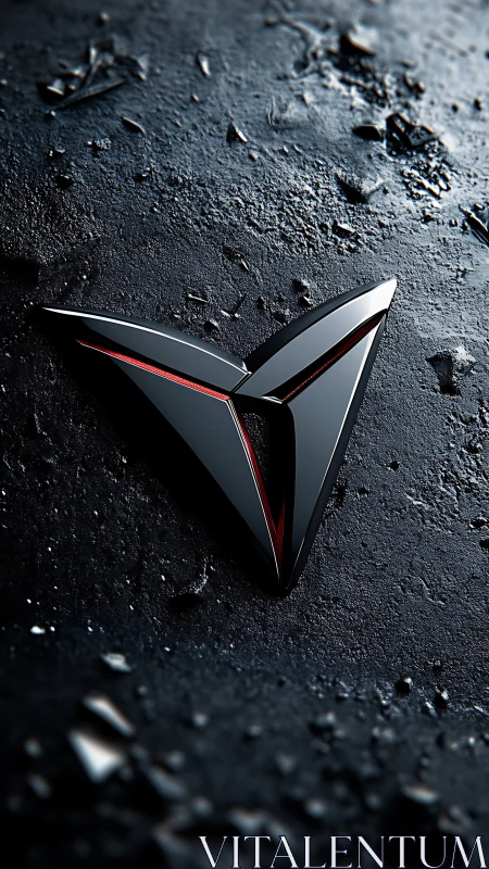 Sleek metallic triangle emblem on rugged dark ground.