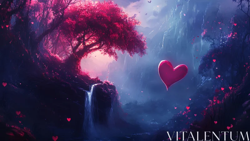 Heart-shaped luminous form hovering above waterfall in vibrant fantasy canyon landscape