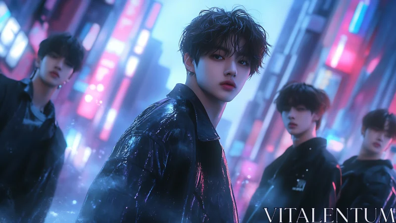 Neon city boys wandering through dreamlit midnight streets.