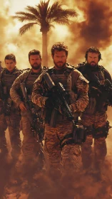 Four armed soldiers in desert combat gear amid smoke clouds.