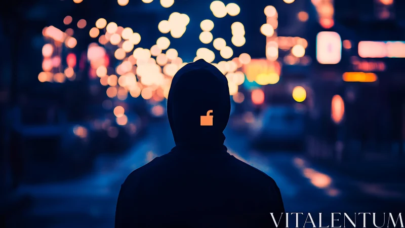 Cyberpunk hooded figure in neon bokeh cityscape silhouette.