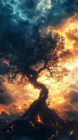 Cosmic Tree Silhouette Rising Through Celestial Fire and Storm