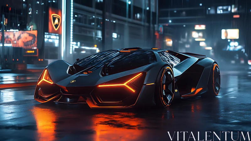 Futuristic low-profile supercar on wet neon city street.