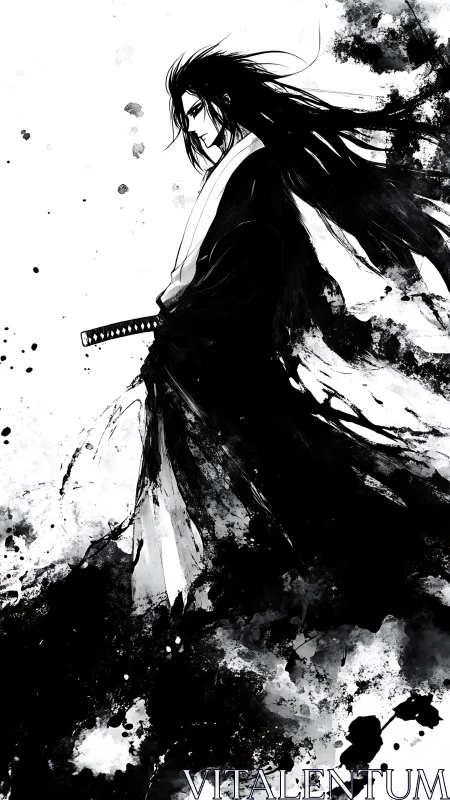 Monochrome samurai profile in dynamic ink wash turbulence