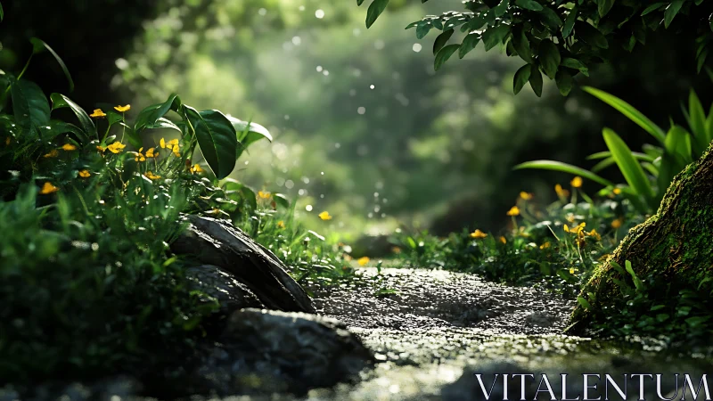 Sunlit forest stream glows softly through lush green undergrowth