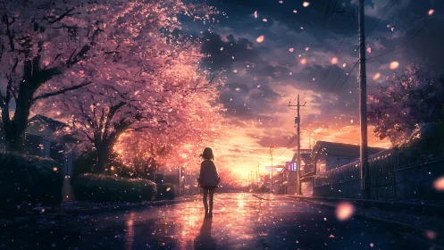 Solitary walk beneath glowing cherry blossoms at dusk.