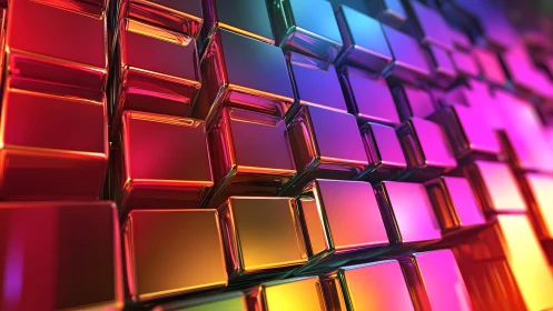 Chromatic metal cubes rise in a luminous abstract grid