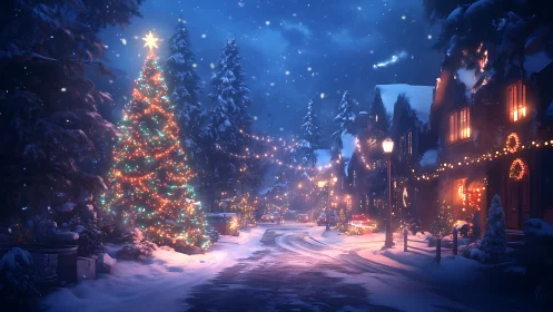 Snowy village glows softly under a magical Christmas night