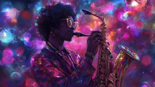 Silhouetted saxophonist plays against multicolored abstract lights
