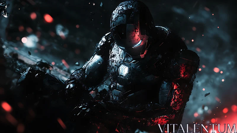 Battle damaged armored figure kneels in glowing debris field