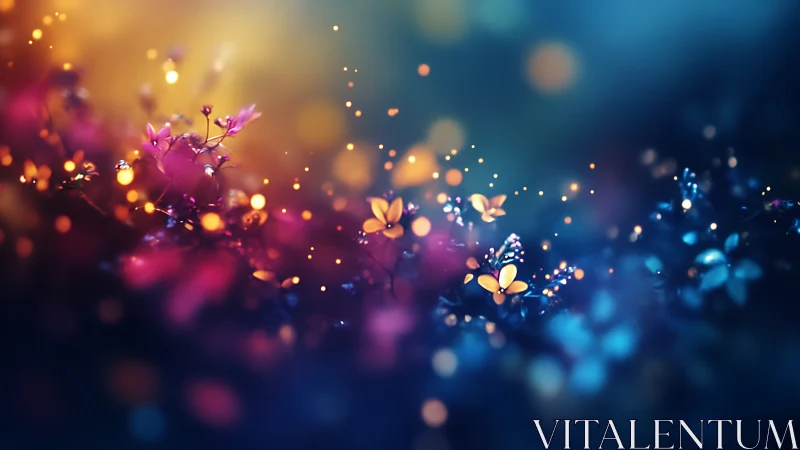 Bioluminescent blossoms shimmer across a chromatic bokeh field