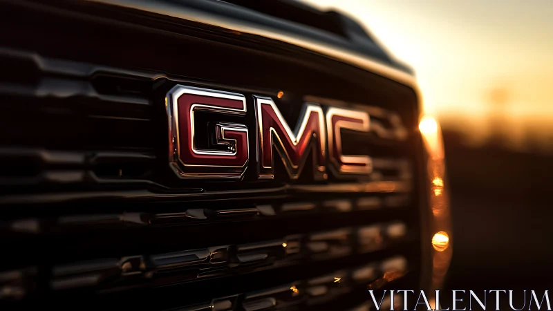Sunlit GMC grille captures rugged strength at golden hour