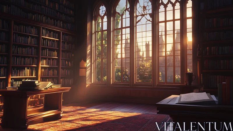 Golden hour study in neo-gothic library with city skyline.