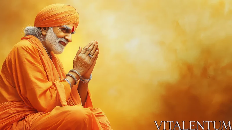 Orange-robed sage folds quiet sunlight between joined palms