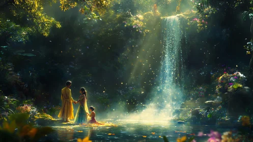 Family stands in glowing forest pool beneath radiant waterfall