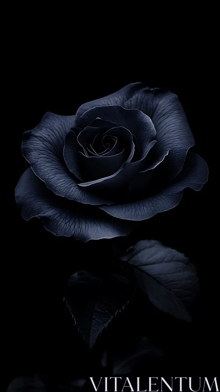 Dark blue rose close-up on deep black background.