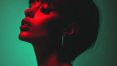 Side profile portrait under red and green studio lighting.