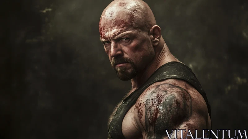 Bald muscular man with bloodied skin stands in profile view