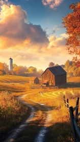 Sunlit rural farm landscape with barns and autumn fields.