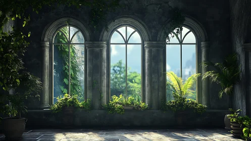 Sunlit arched windows framing lush indoor garden sanctuary.