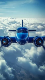 Streamlined blue airliner above clouds in frontal flight.