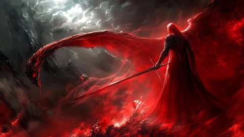 Crimson-winged reaper stalking a storm-torn infernal sky.