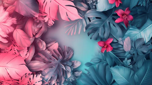 Pink and teal tropical foliage border with central space.