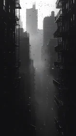 Monochrome high-rise corridor with misted urban depth study.