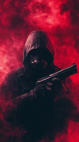 Hooded gunman in gas mask emerges from dense red vapor