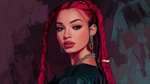 Ruby-braided rebel in moody jewel-toned portrait glow.