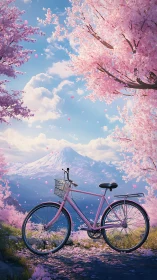 Pink bicycle positioned in landscape with flowering trees and mountain