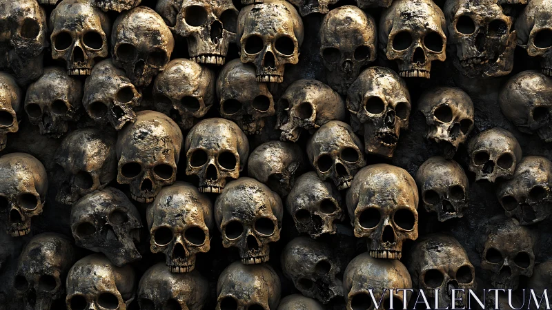 Dense arrangement of aged human skulls in layered rows.